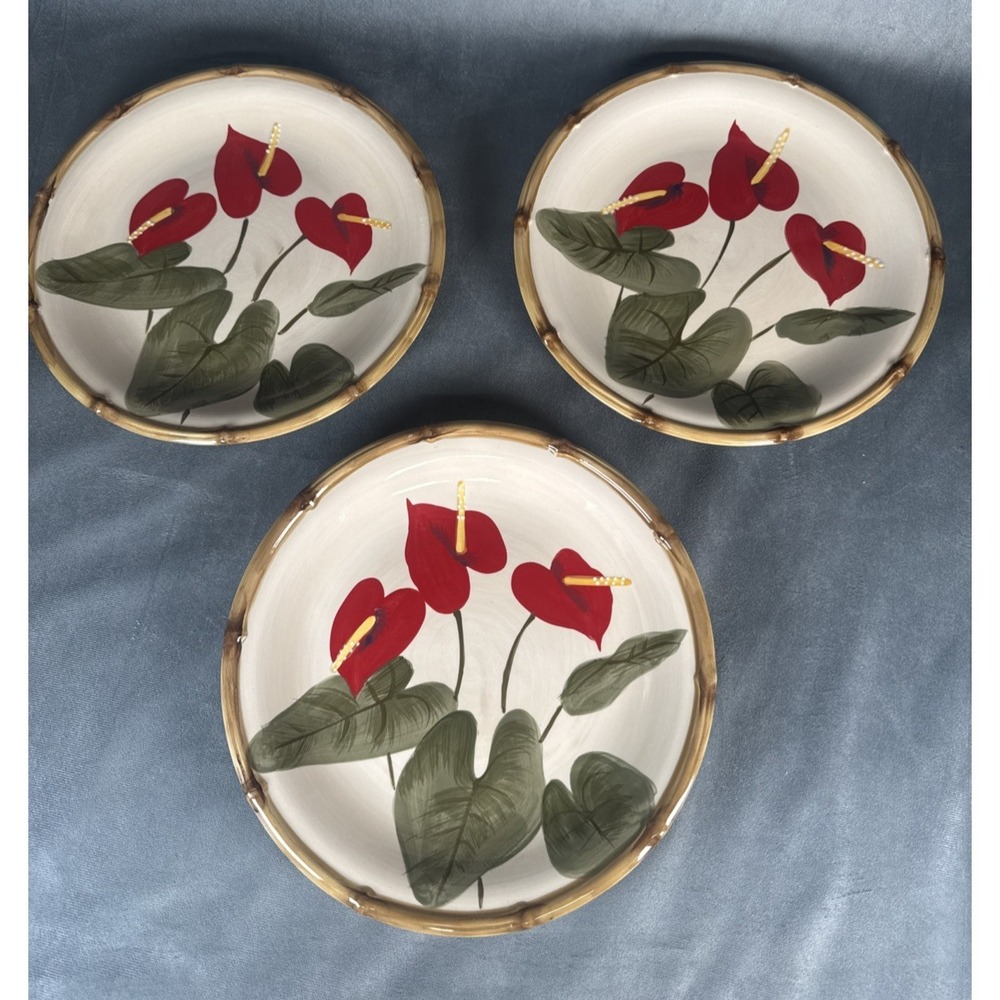 Kauhale Living Stoneware Handpainted Anthurium Flower Plate 10 6/8" D Lot of 3